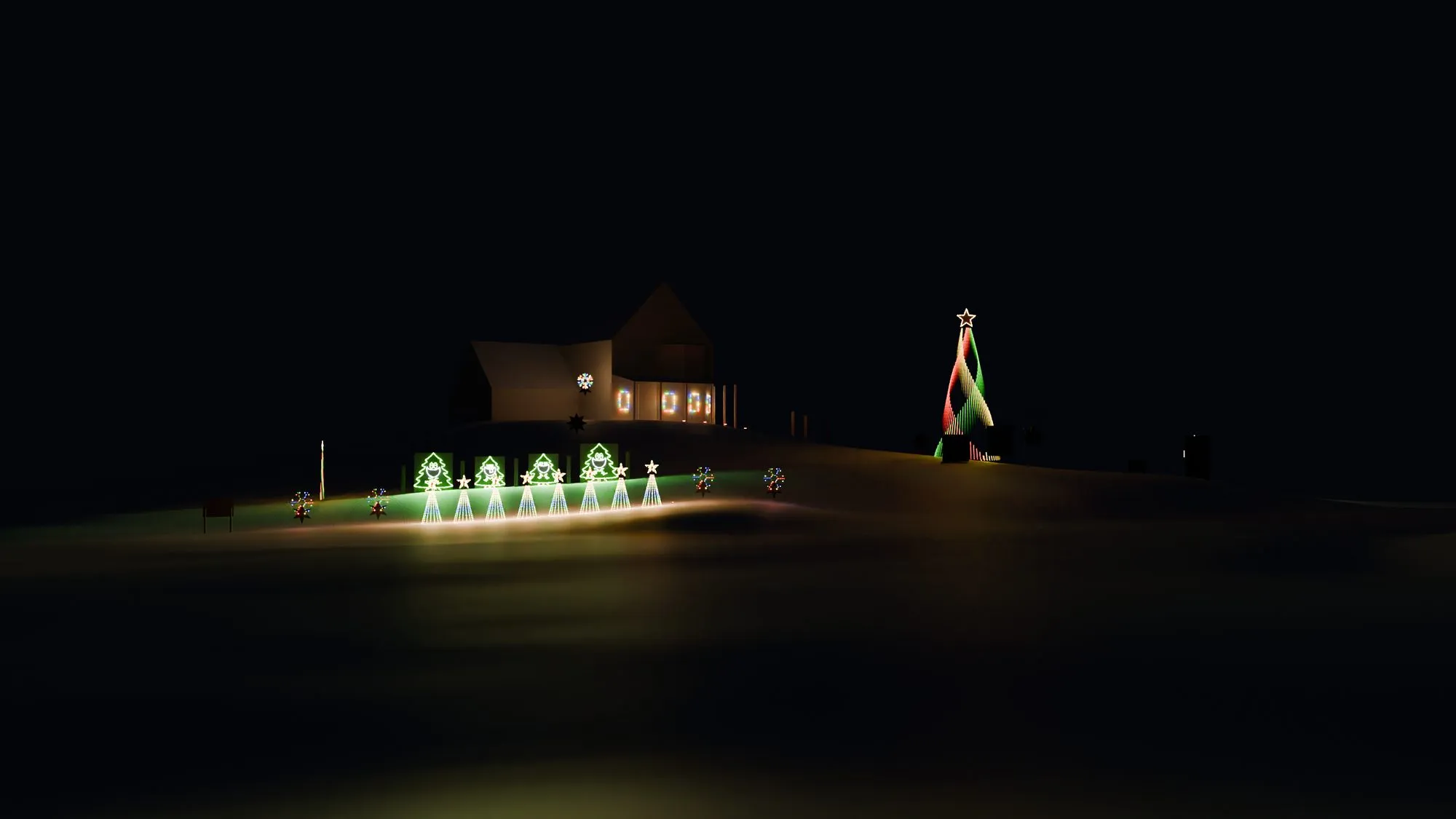The show on the hill at night: singing trees, mini trees, the house and the Mega Tree